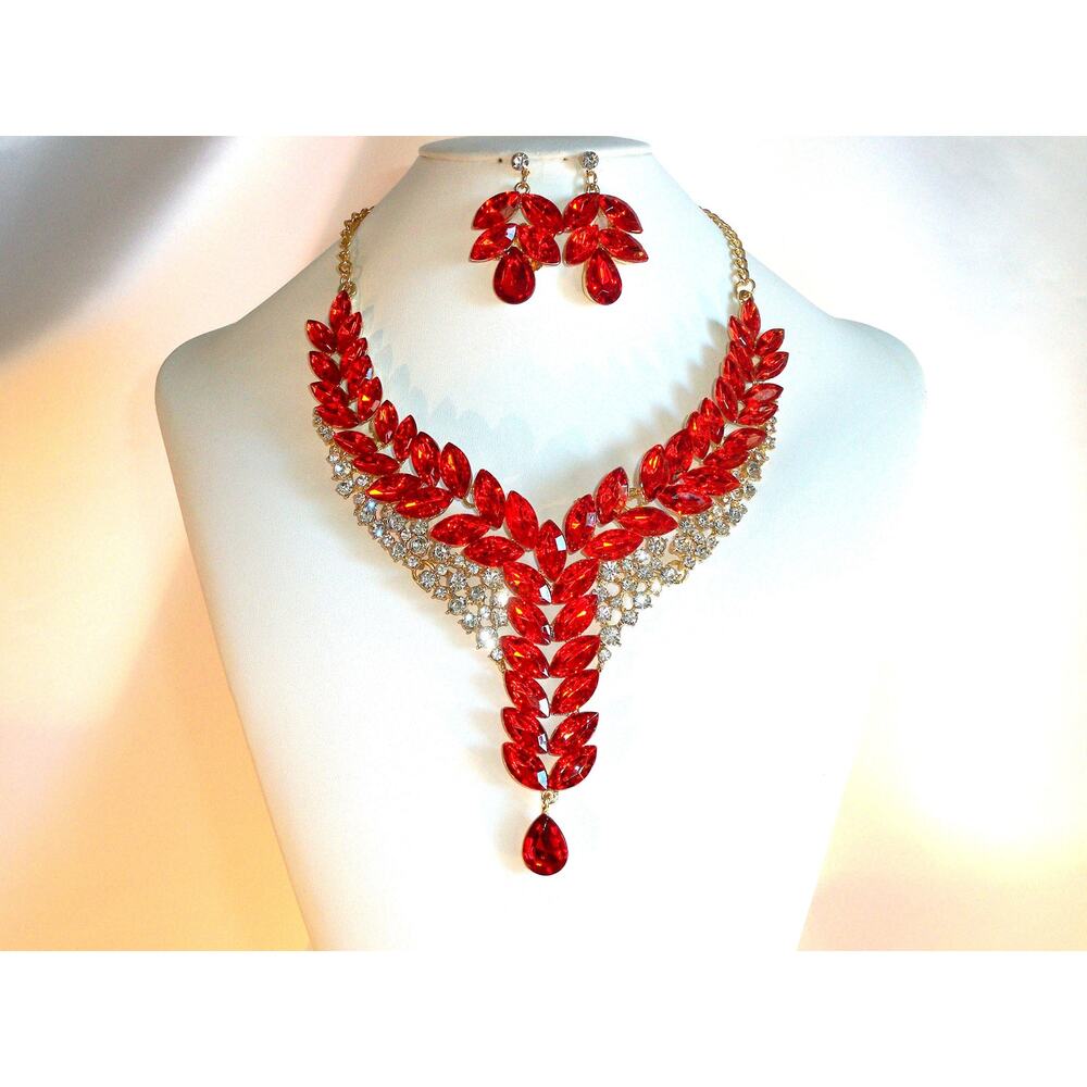 Red rhinestone necklace set, wedding MOB  prom party formal evening necklace set